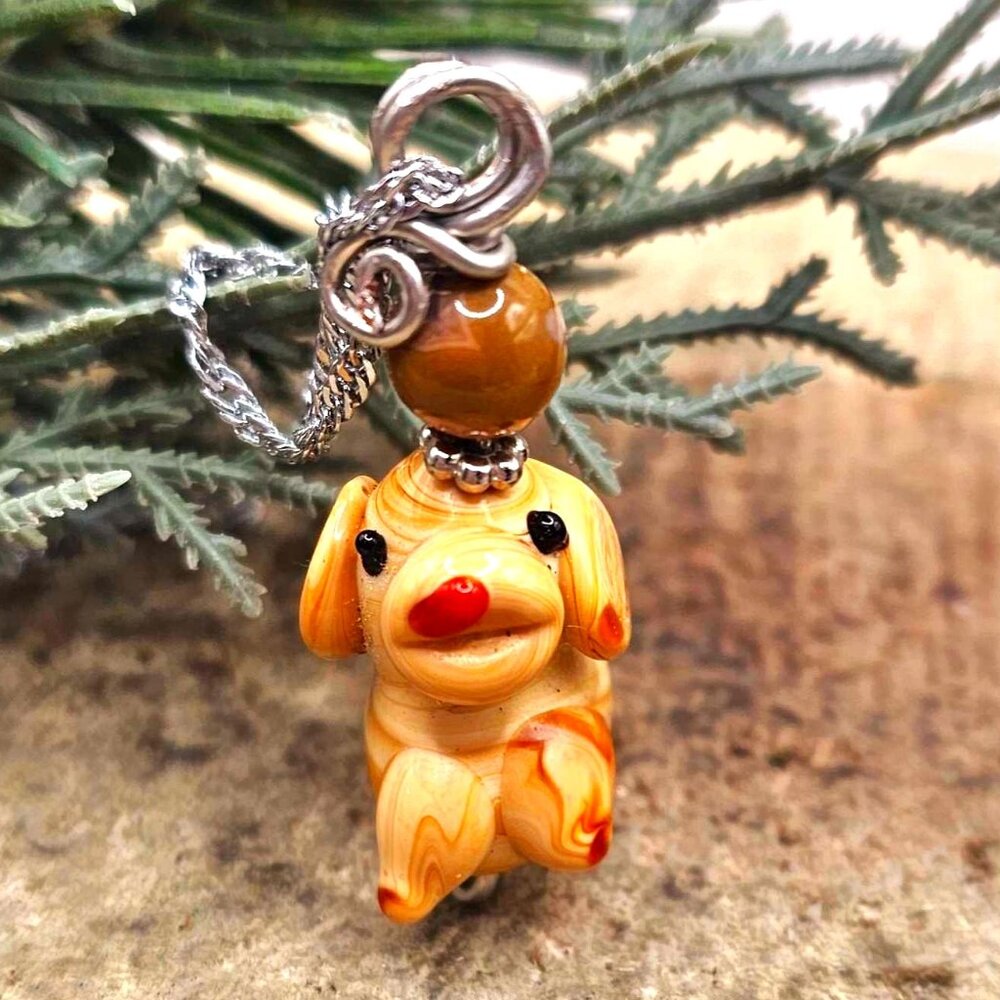 Cute Venetian Glass Hand Blown Dog & Agate Pendant Necklace
